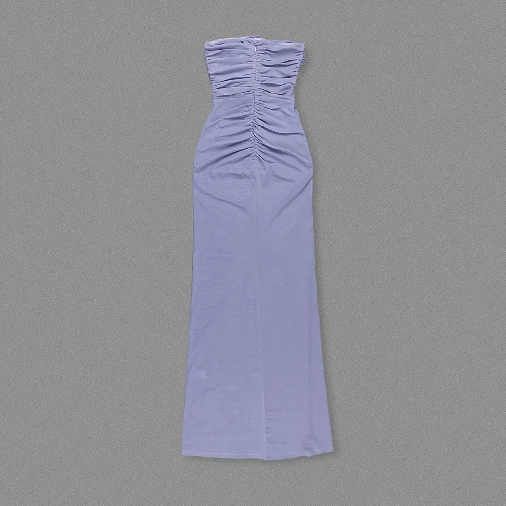 Neck-mounted strapless floral gown in pastel lavender