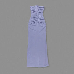 Neck-mounted strapless floral gown in pastel lavender