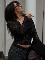 Sheer long sleeve lace top with scalloped neckline