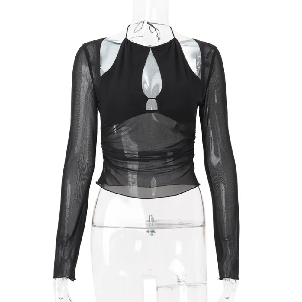 Cut-out halter style mesh top in black for bold spring looks