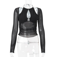 Cut-out halter style mesh top in black for bold spring looks