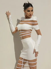 O neck long sleeve bodycon gown with see-through mesh areas