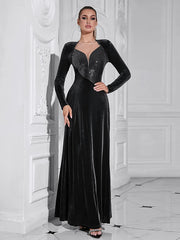 O neck long sleeve evening gown with mesh patchwork