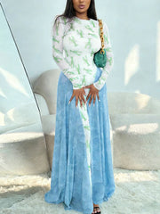 High-stretch long sleeve maxi dress with refined patchwork design