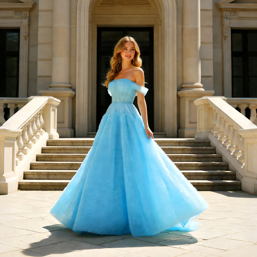 Front view of a floor-length off-shoulder tulle prom dress in an A-line silhouette