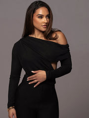 Woman wearing off shoulder ruched long sleeve slim black bodysuit