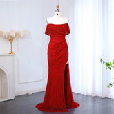 Red off-shoulder satin-finish mermaid gown on a mannequin