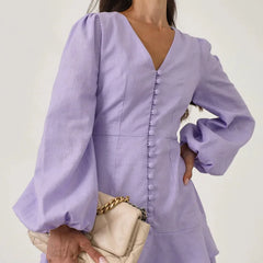 Office lady purple short dress with single-breasted design