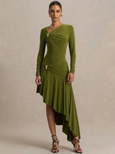 Olive asymmetrical long sleeve dress for evening parties