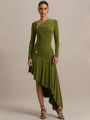 Olive asymmetrical long sleeve dress for evening parties