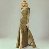 Long-sleeve draped evening gown with rhinestone embellished shoulders