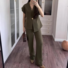 Olive green two-piece office set with sleeveless vest and tailored trousers