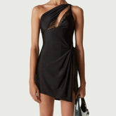 A woman modeling a one-shoulder asymmetric mini dress.