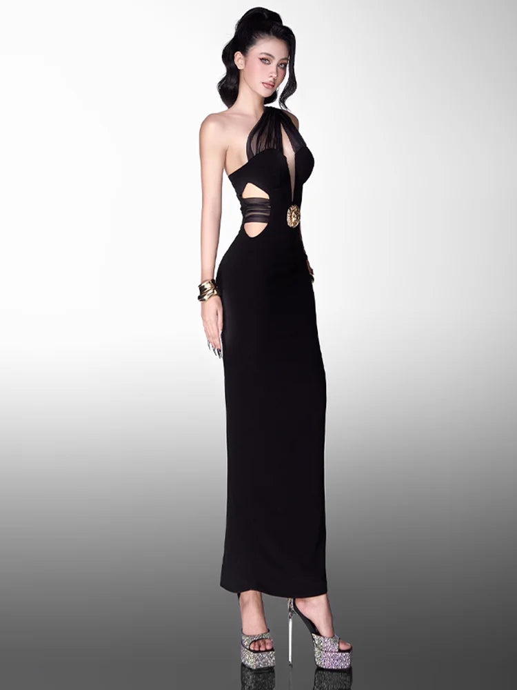 One shoulder black party dress shown for upscale club events