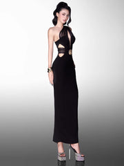 One shoulder black party dress shown for upscale club events
