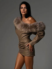 One-shoulder fur patchwork mini dress perfect for cosy holiday looks