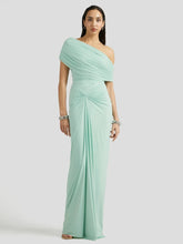 One-shoulder pleated column gown with draped waist detailing