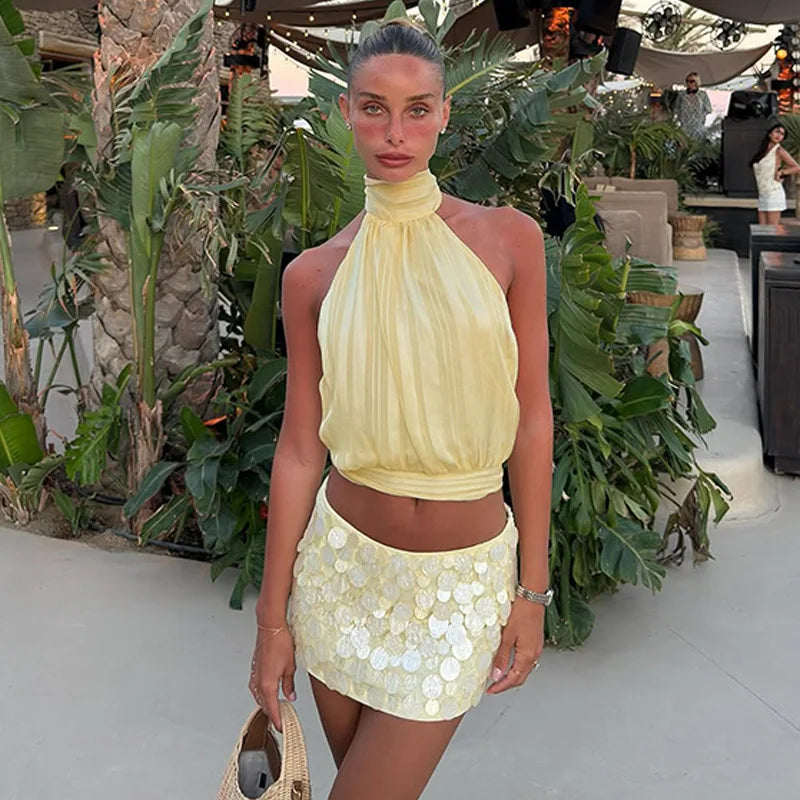 Backless summer tank top with fluid front drape