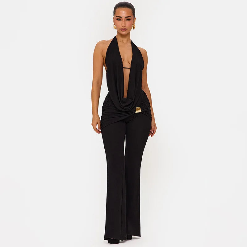 Matching set with draped halter neckline and slim flared trousers