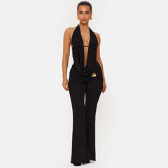 Matching set with draped halter neckline and slim flared trousers
