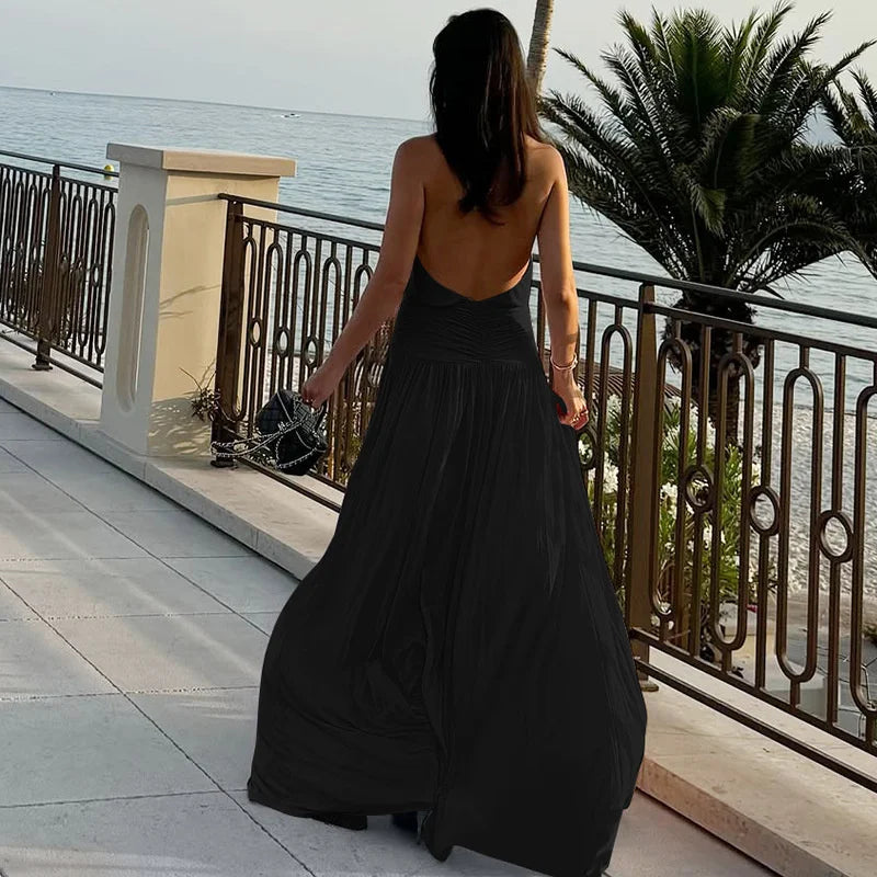 Back view of black slit maxi dress for formal parties