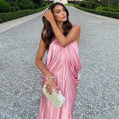 Open side draped pink maxi dress designed for summer celebrations