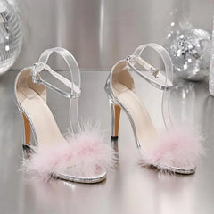 Close-up of buckle ankle strap and faux fur detailing on high heels