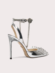 Party sandals with crystal anklet chain and metallic finish
