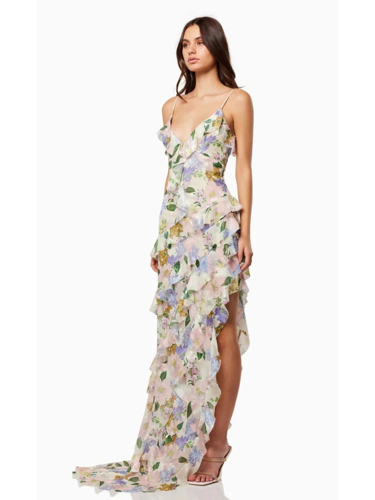 Pastel floral print strappy maxi dress perfect for spring and weddings