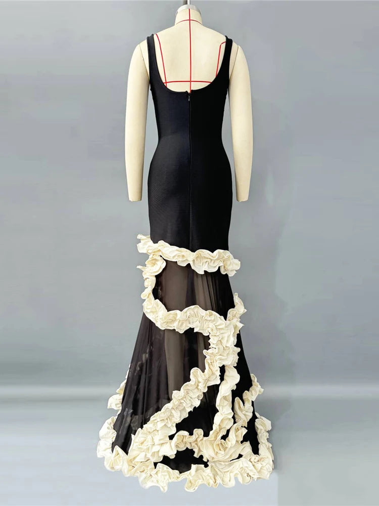 Elegant sleeveless bandage clubwear gown with ruffles