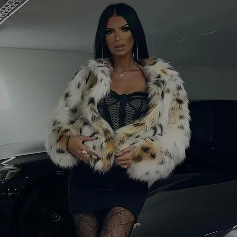 Patchwork faux fur coat styled for party, club, and trending streetwear in autumn/winter