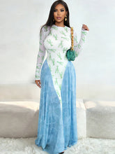 Patchwork maxi dress with O-neck, long sleeves, and contrast panels