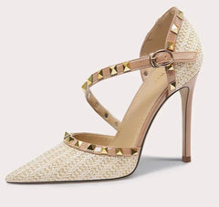 Patent leather rivet sandals with pointed toe and slim high heel