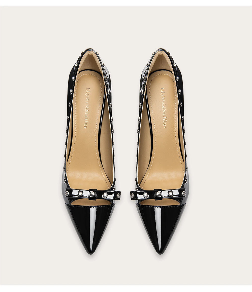 Patent leather rivet stiletto pumps with pointed toe