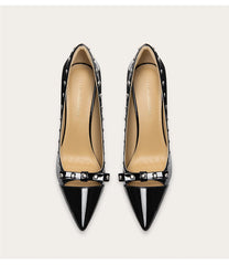Patent leather rivet stiletto pumps with pointed toe