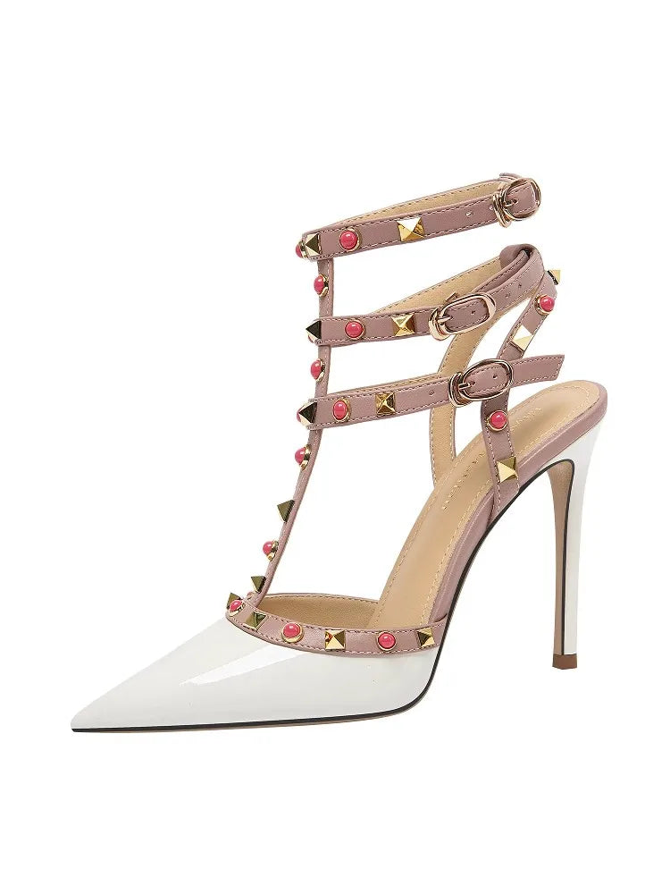 Patent leather rockstud event pumps for women in white