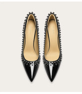 Patent leather pointed toe rhinestone pumps