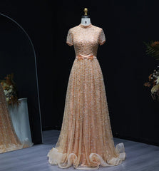 Peach embroidered floor-length evening gown with high neckline and short sleeves