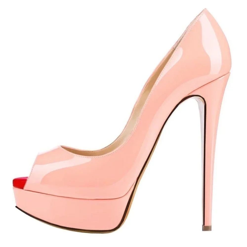 Peach patent platform peep toe pumps with high stiletto heel for party outfits on a white background