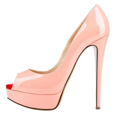 Peach patent platform peep toe pumps with high stiletto heel for party outfits on a white background