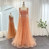 Floor-length formal gown with beaded bodice and soft sleeve coverage