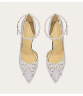 Rhinestone pointed toe wedding heels with pearl bow