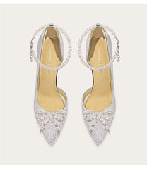 Rhinestone pointed toe wedding heels with pearl bow