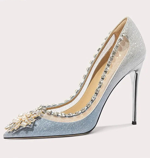 Elegant pointed toe bridal shoes with pearl detailing
