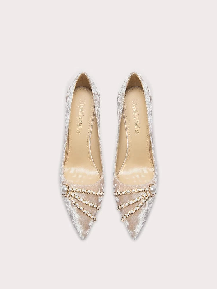 Pearl chain corduroy heels for weddings and parties