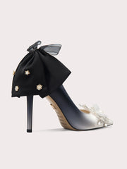 Side view of silk pearl embellished high heel sandals