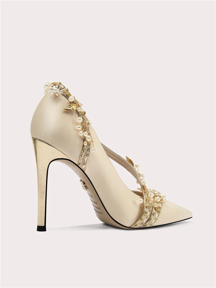 Slip-on pearl strap pumps for weddings and banquets