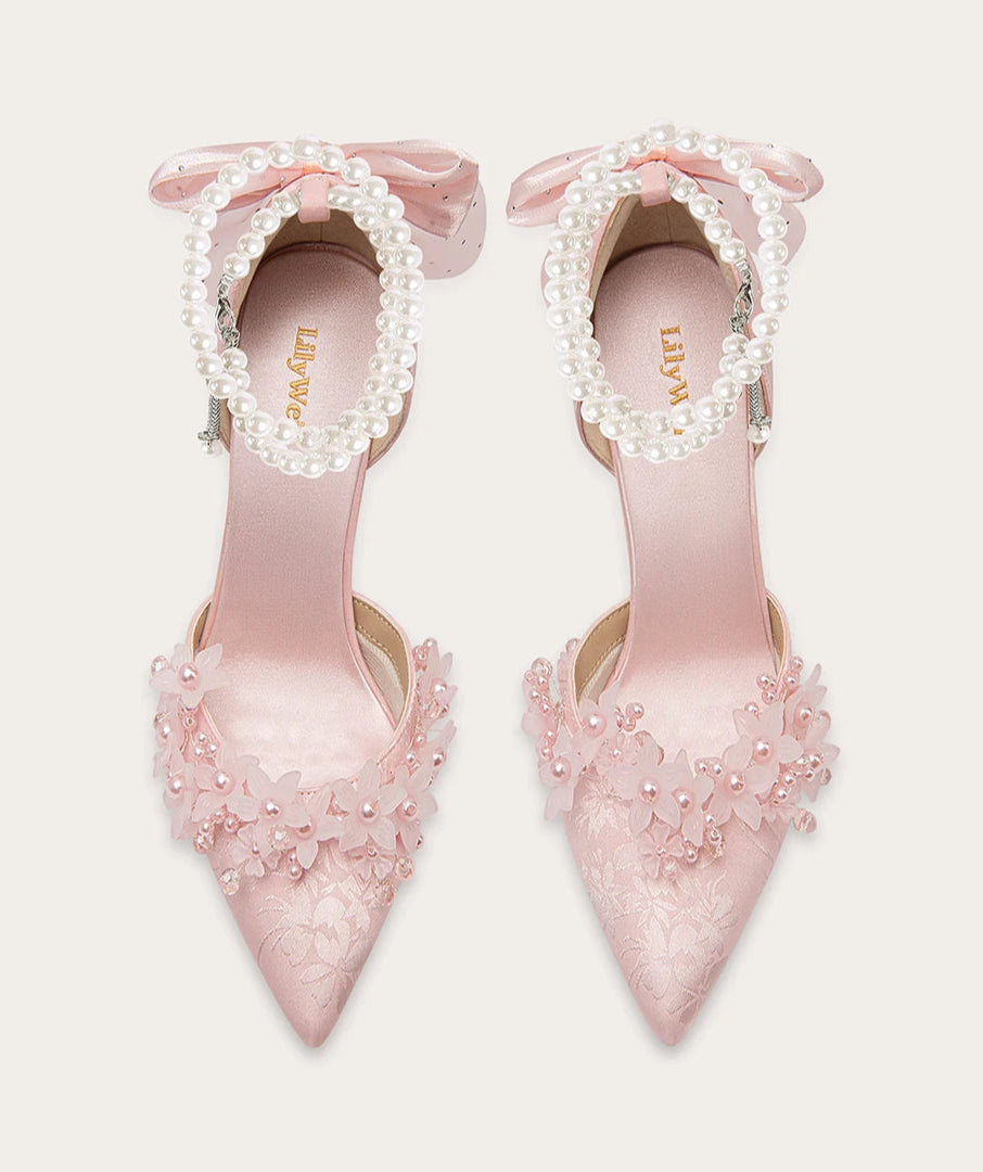 Pink pearl flower ribbon bow sandals with stiletto heel