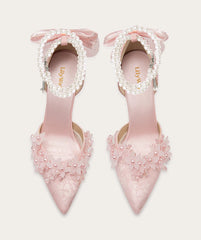 Pink pearl flower ribbon bow sandals with stiletto heel
