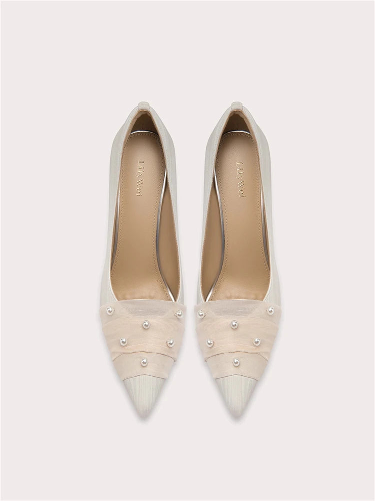 Elegant pearl lace bridal pumps with pointed toe